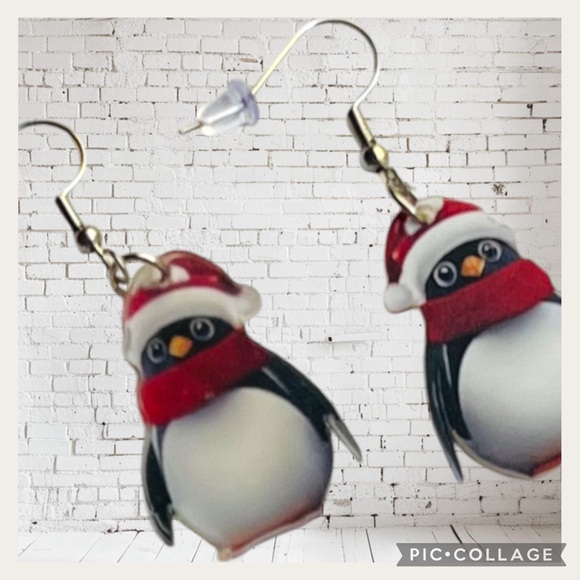 NEW Red & Black, White Holiday Penguin Earrings - Picture 4 of 5